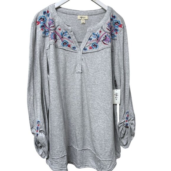 Style & Co. Gray Henley Tee XXL Womens Boho Top Embroidered Long Sleeve NWT - Picture 1 of 9